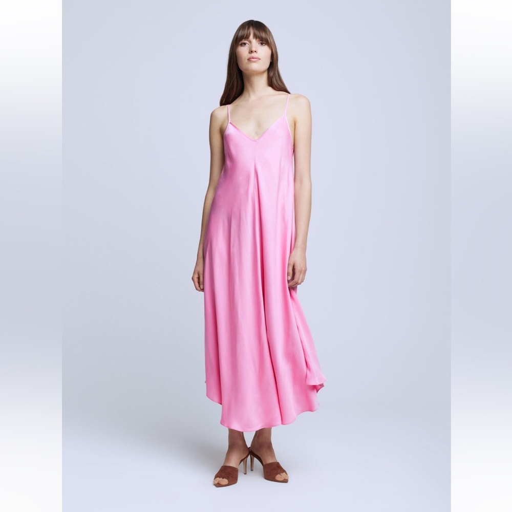 LAGENCE Lorraine silk spaghetti strap trapeze dress in bubblegum pink